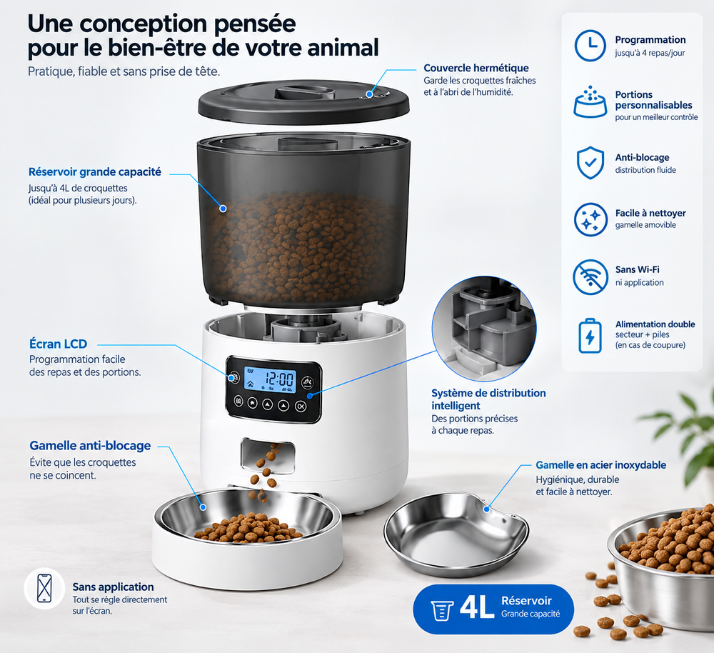 Distributeur de croquettes automatique pour chien et chat – Contenance de 4L en Acier Inoxydable avec Écran LCD.
